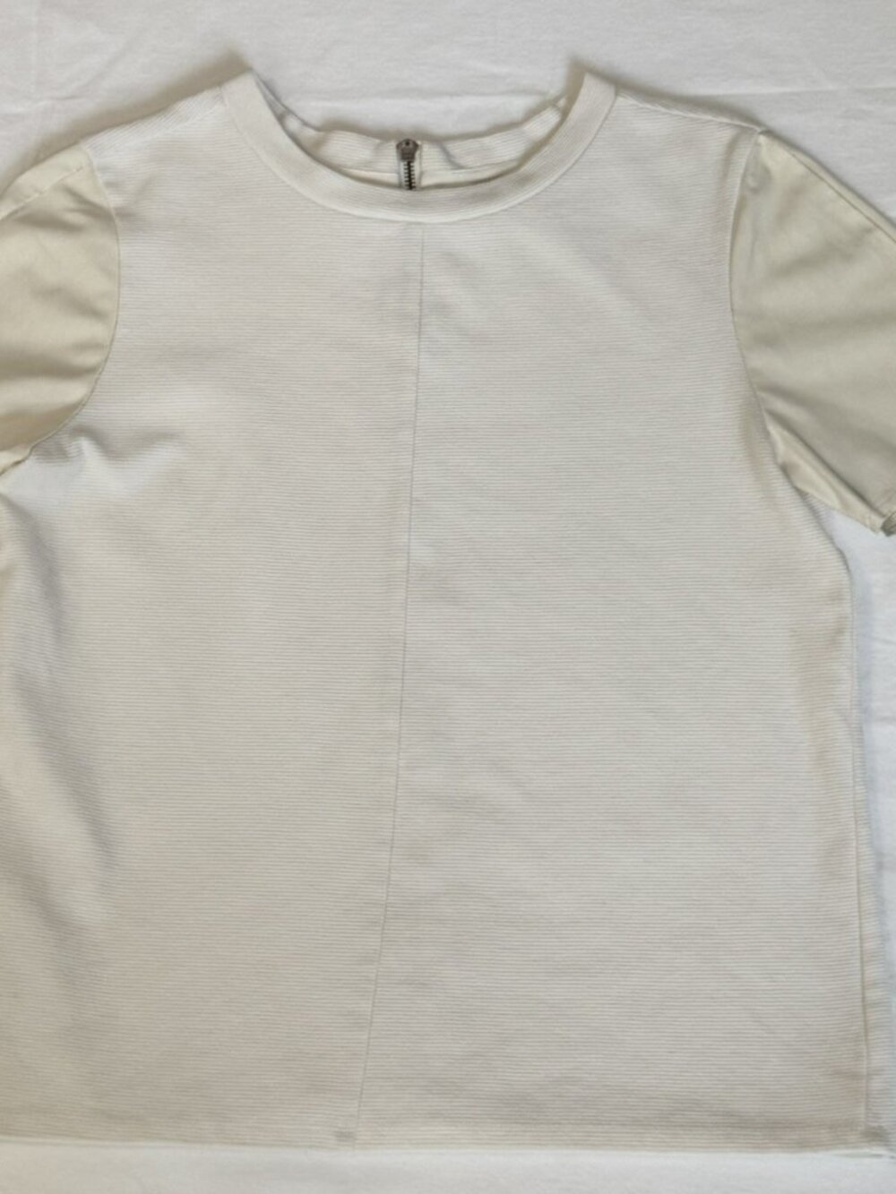 LOFT Ivory Mixed Media Faux Leather Sleeve Ribbed Top Back Zip Size M